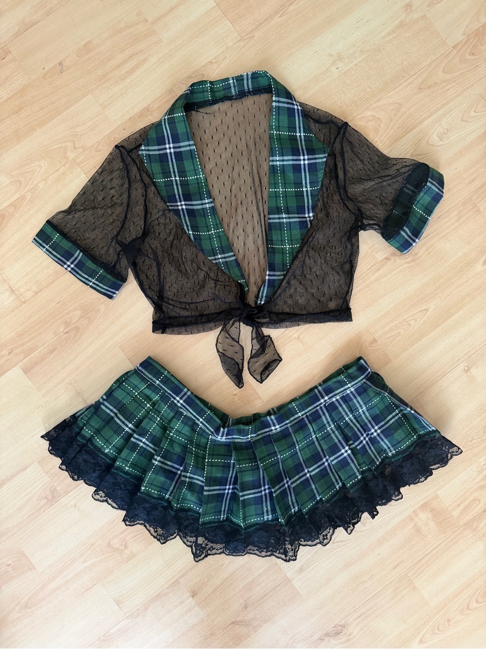 Sheer Black Mesh Tie-Front Top & Green Plaid Mini Skirt Set